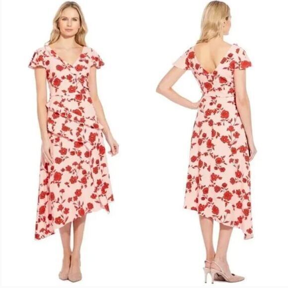 Adrianna Papell warm pink red floral print high low flutter sleeve dress size 14 - Picture 1 of 16
